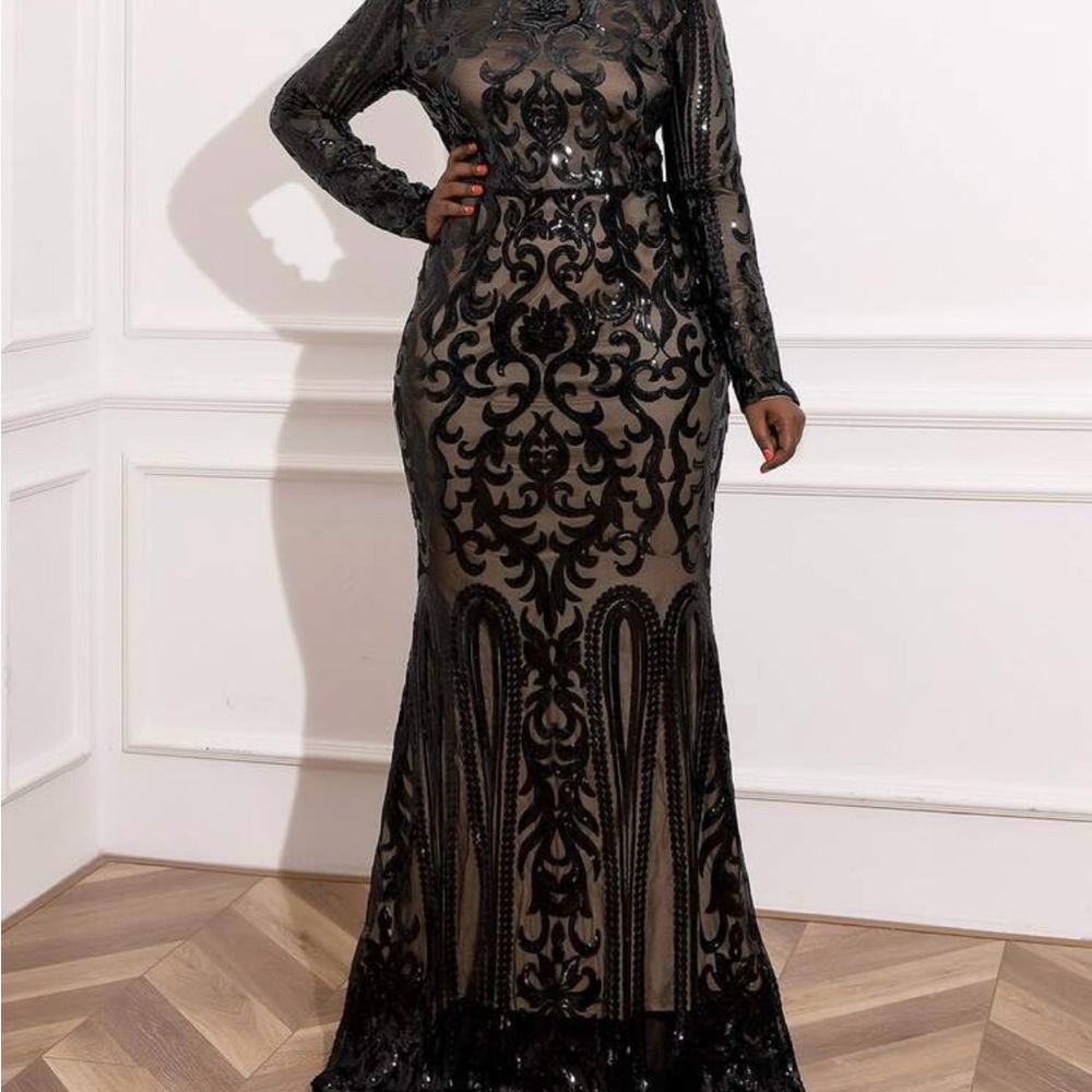 SHEIN Black Sequin Long-Sleeve Maxi Dress